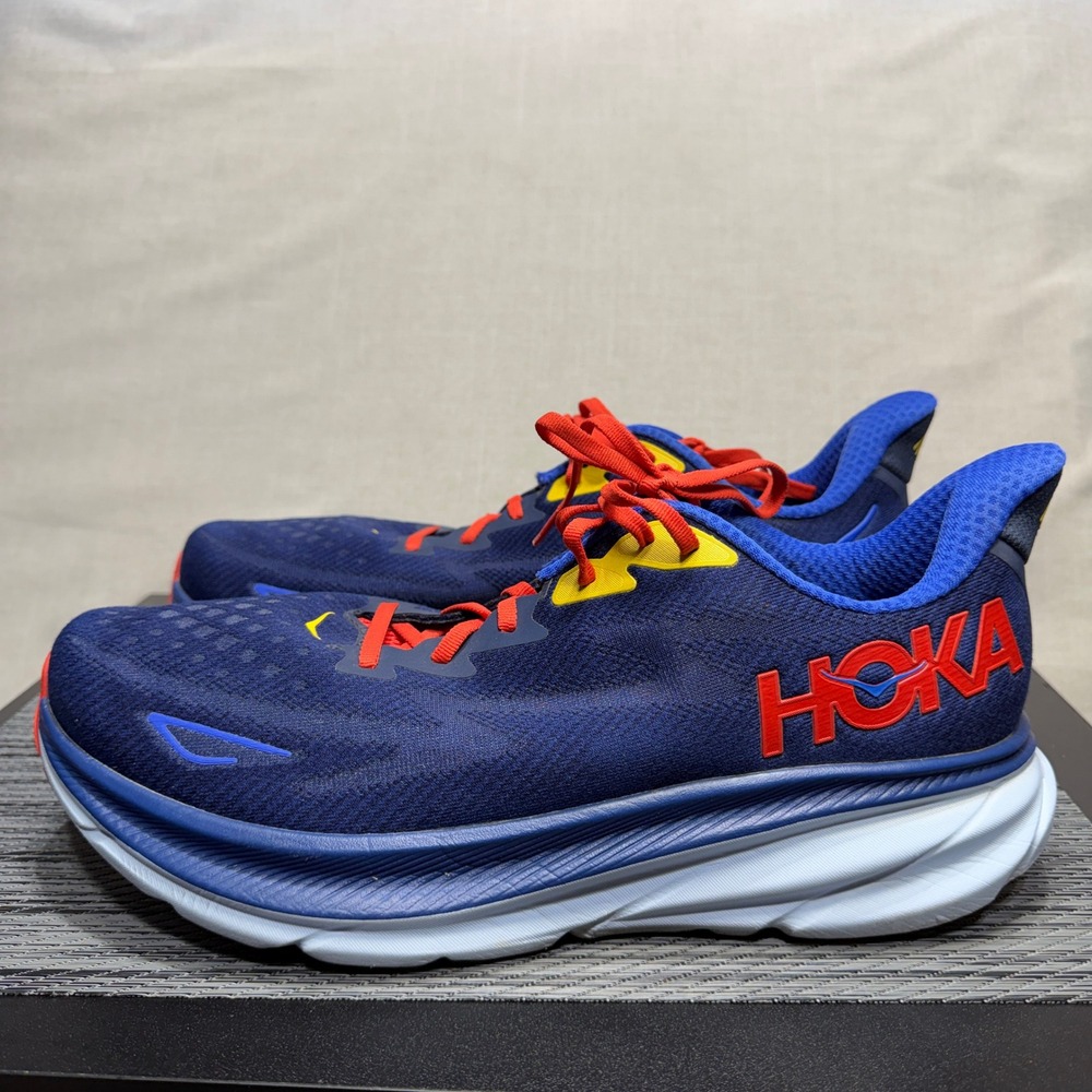 Hoka One Clifton 9 Running Shoes - Mens 12 Wide - Blue Red 1132210 BBDGB